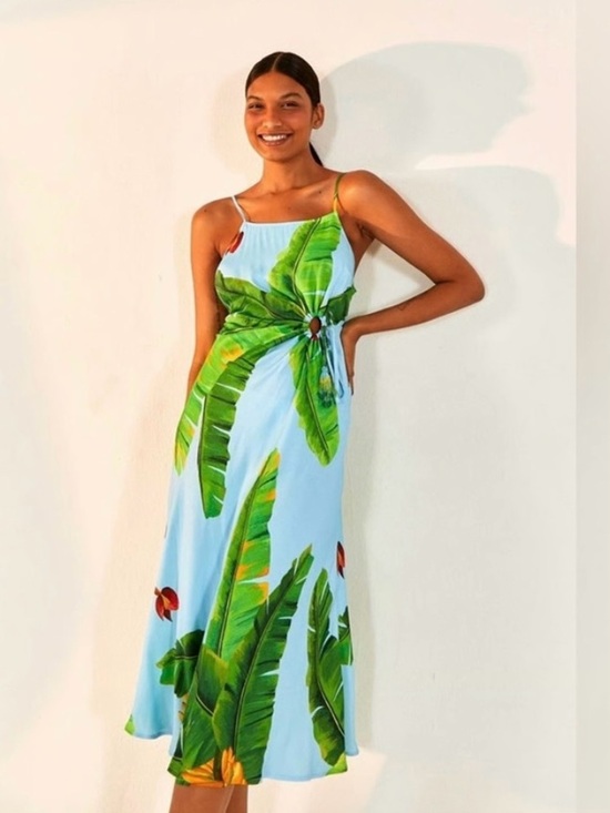 FARM Rio Dresses & Skirts - FARM Rio Blue Bananas Dress with Palm Print and Ring Detail, NWT, Size Small